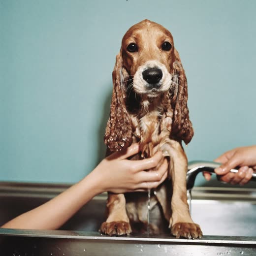 A spaniel being bathed